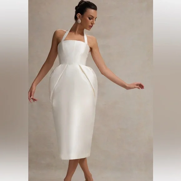 Club L London COSETTA
WHITE HALTER-NECK MIDI DRESS WITH TULIP SKIRT - Picture 6 of 10